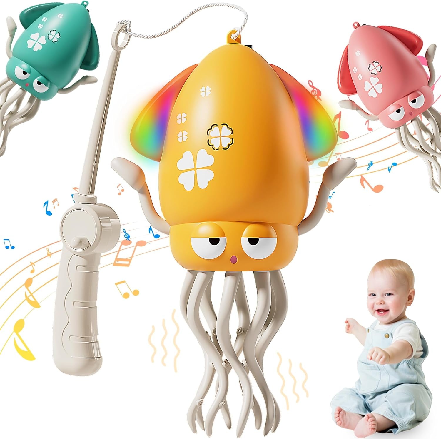 Dancing Squid Toys, Electric Crawling Octopus Tummy Time Toy with LED & Music, Rechargeable Upright＆Crawling Octopus Interactive Toys, Baby Toy Gifts for 3 4 5 6 Year Boy Girl (Orange)