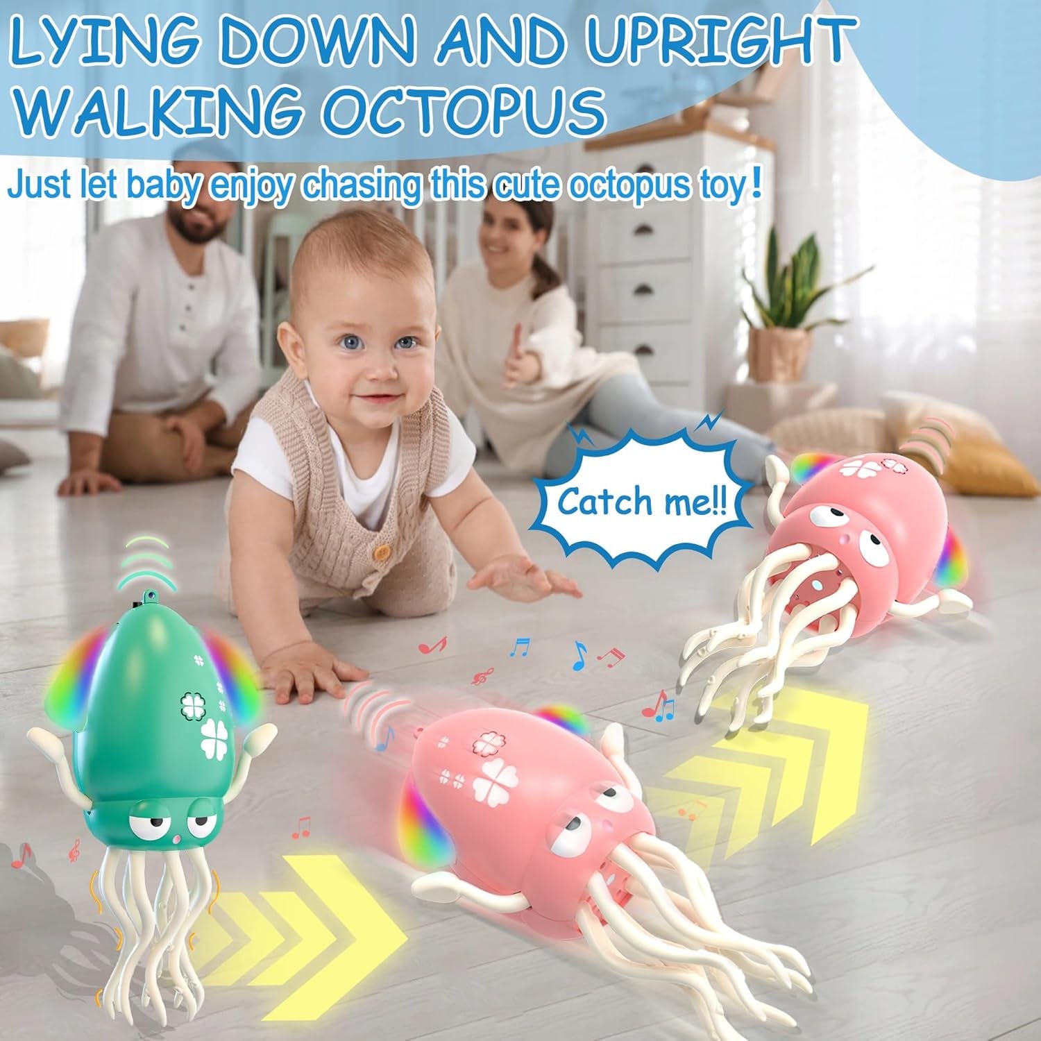 Dancing Squid Toys, Electric Crawling Octopus Tummy Time Toy with LED & Music, Rechargeable Upright＆Crawling Octopus Interactive Toys, Baby Toy Gifts for 3 4 5 6 Year Boy Girl (Orange)