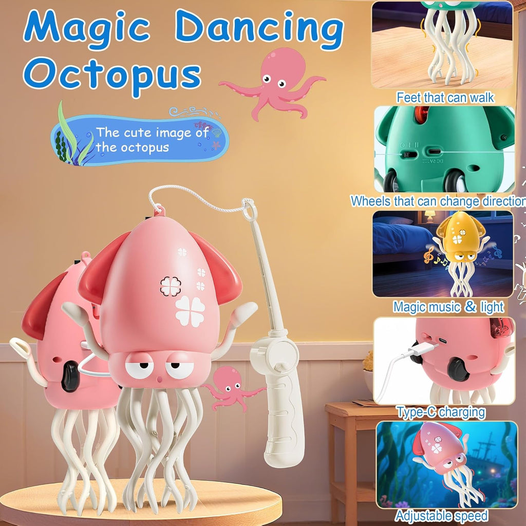 Dancing Squid Toys, Electric Crawling Octopus Tummy Time Toy with LED & Music, Rechargeable Upright＆Crawling Octopus Interactive Toys, Baby Toy Gifts for 3 4 5 6 Year Boy Girl (Orange)