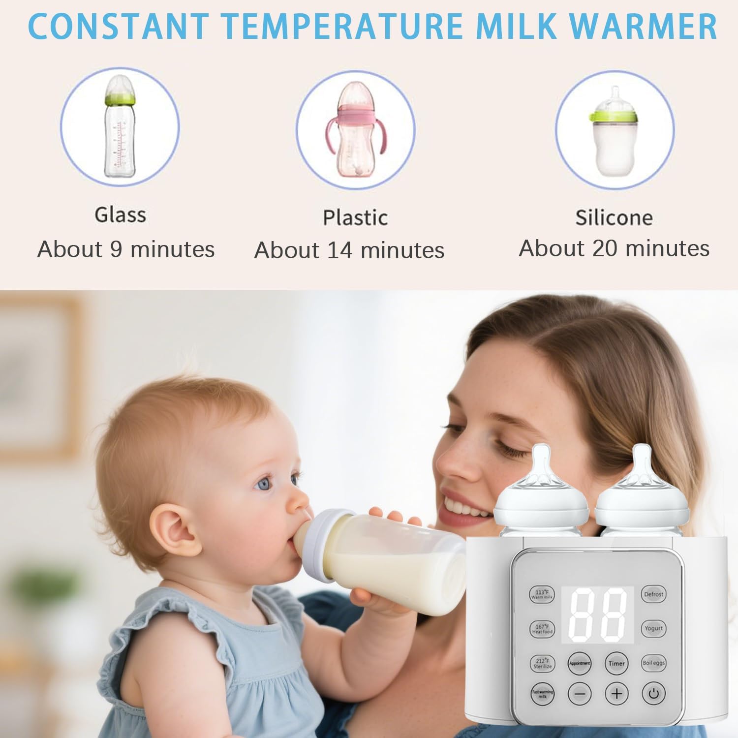Baby Bottle Warmer 9-In-1 Multifuntion Breast Milk Warmer, Fast Baby Food Heater and Defrost Warmer with Timer for Twins, LCD Display Accurate Temperature Adjustment, 24H Constant Mode