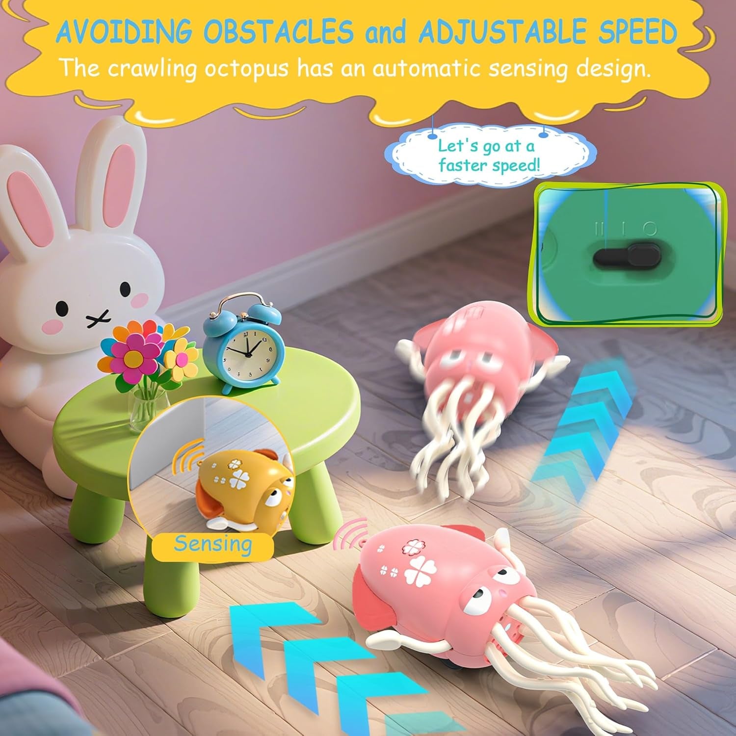 Dancing Squid Toys, Electric Crawling Octopus Tummy Time Toy with LED & Music, Rechargeable Upright＆Crawling Octopus Interactive Toys, Baby Toy Gifts for 3 4 5 6 Year Boy Girl (Orange)