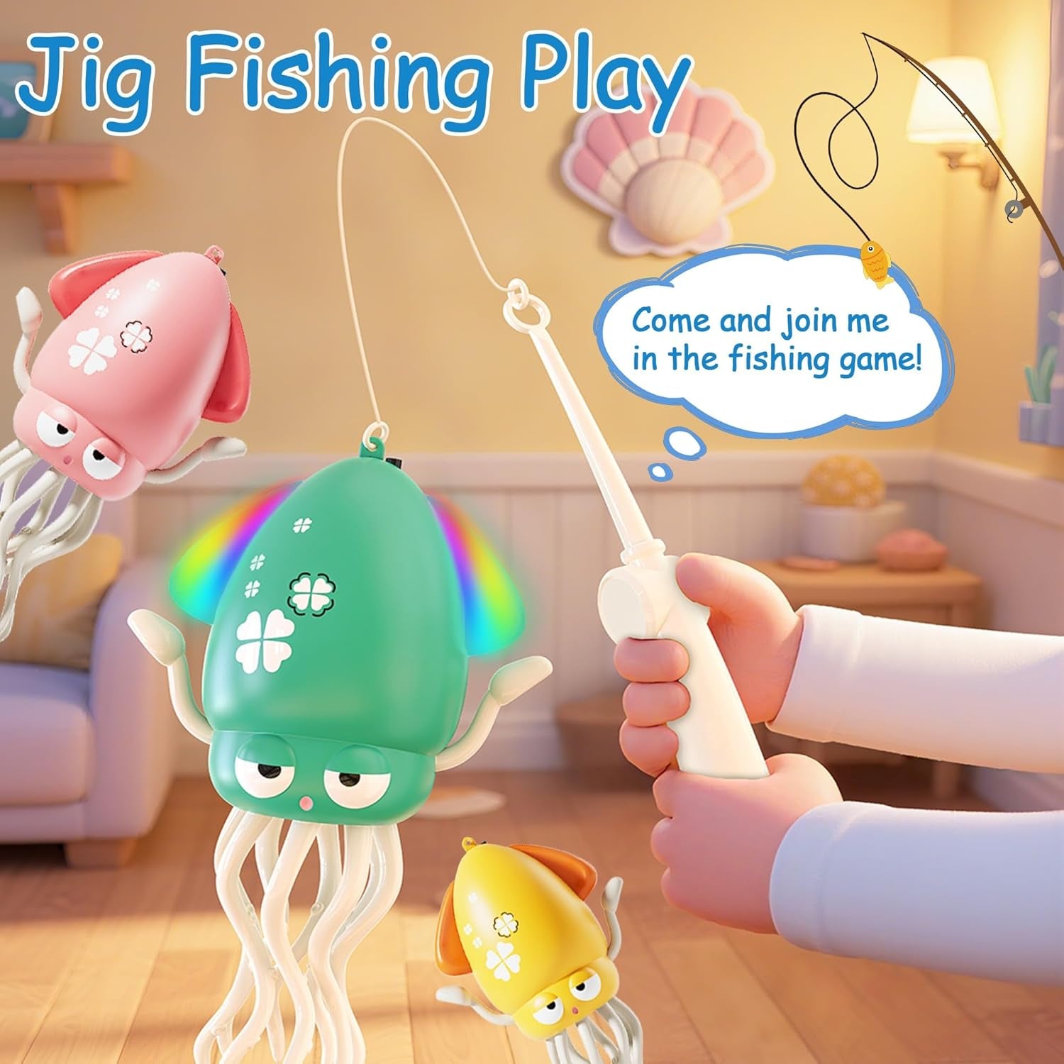 Dancing Squid Toys, Electric Crawling Octopus Tummy Time Toy with LED & Music, Rechargeable Upright＆Crawling Octopus Interactive Toys, Baby Toy Gifts for 3 4 5 6 Year Boy Girl (Orange)