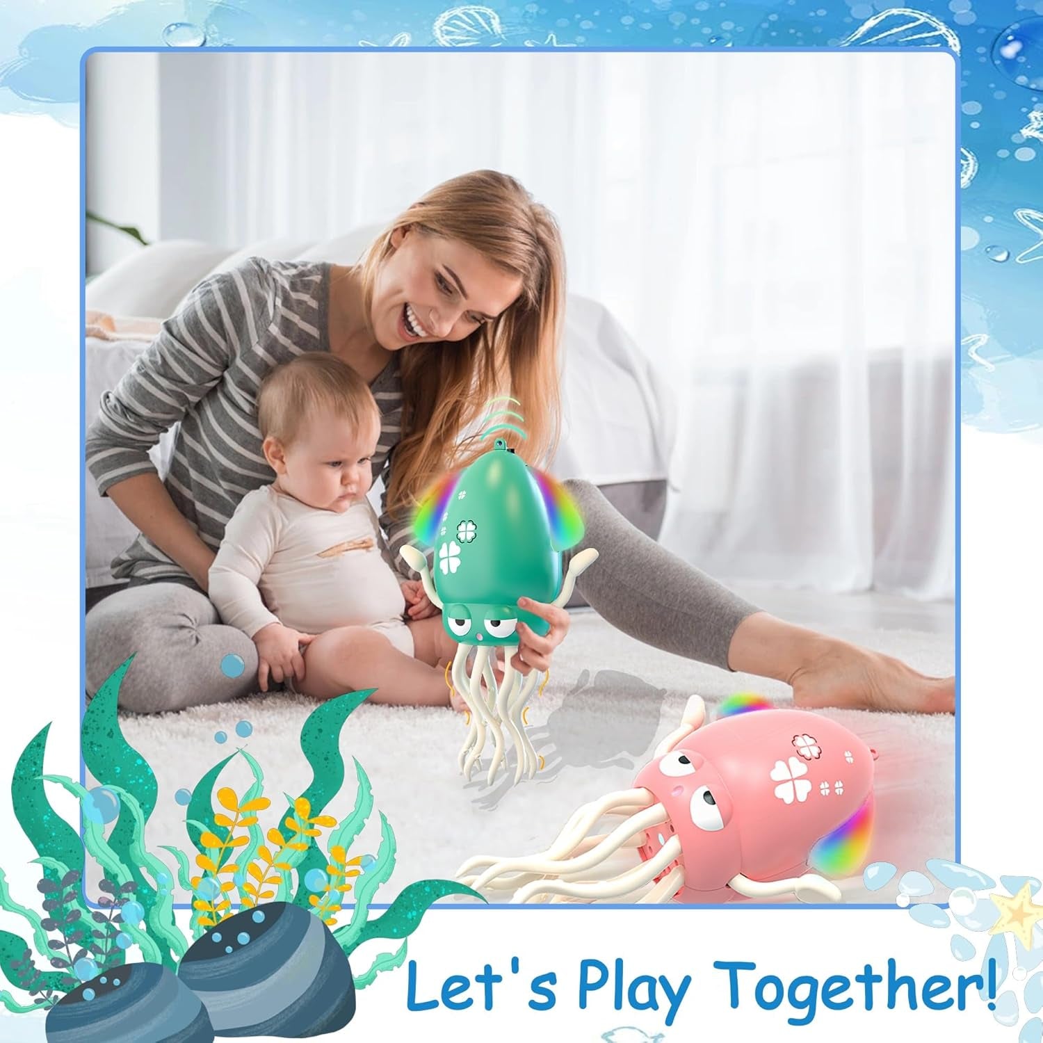 Dancing Squid Toys, Electric Crawling Octopus Tummy Time Toy with LED & Music, Rechargeable Upright＆Crawling Octopus Interactive Toys, Baby Toy Gifts for 3 4 5 6 Year Boy Girl (Orange)